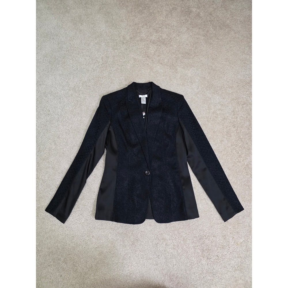 Cache Black Snakeskin Textured Satin Trim Single Button Blazer Jacket Size 6 New